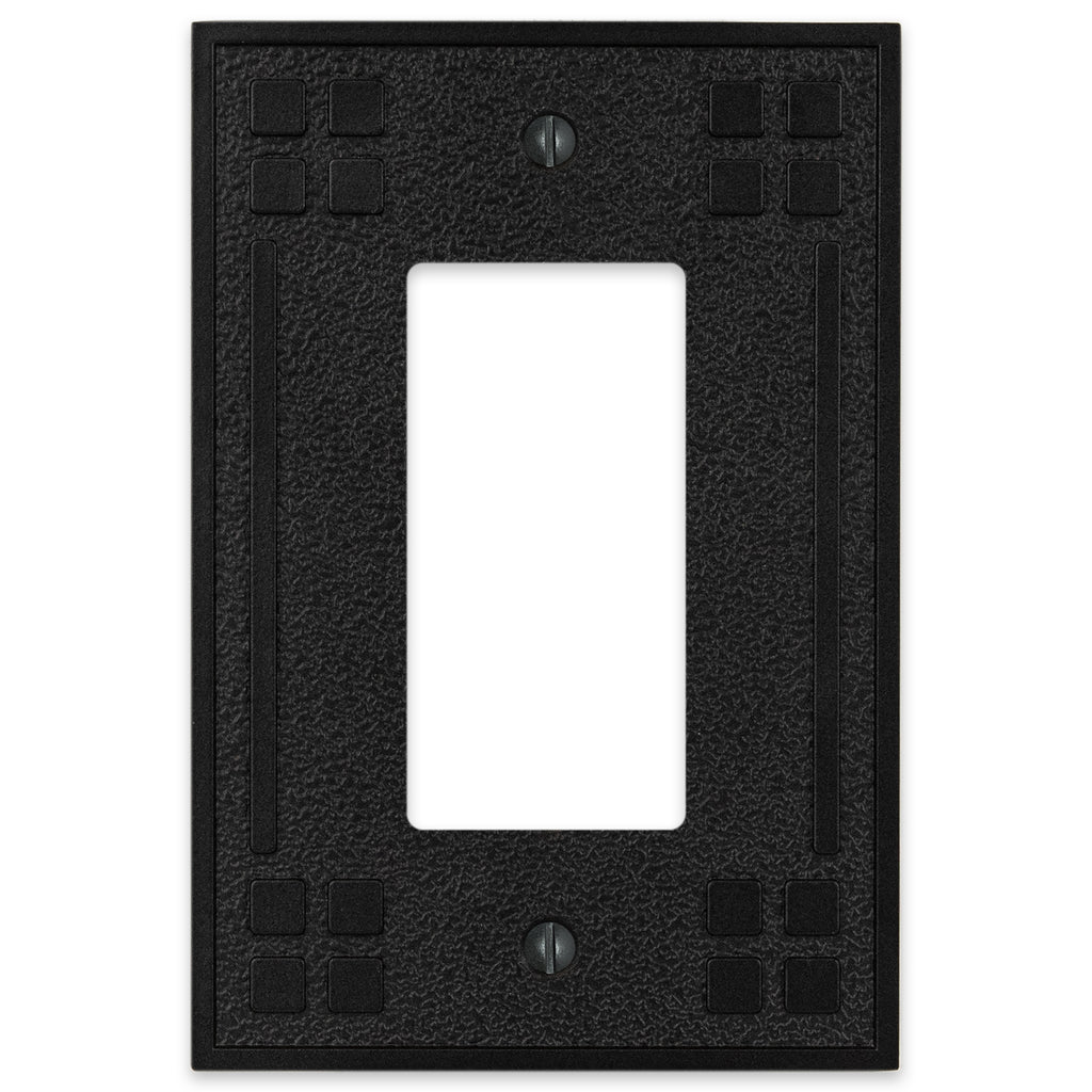 Wittick-style black iron dimmer wallplate with a rugged, hammered texture and a matte black finish for a rustic, industrial look.