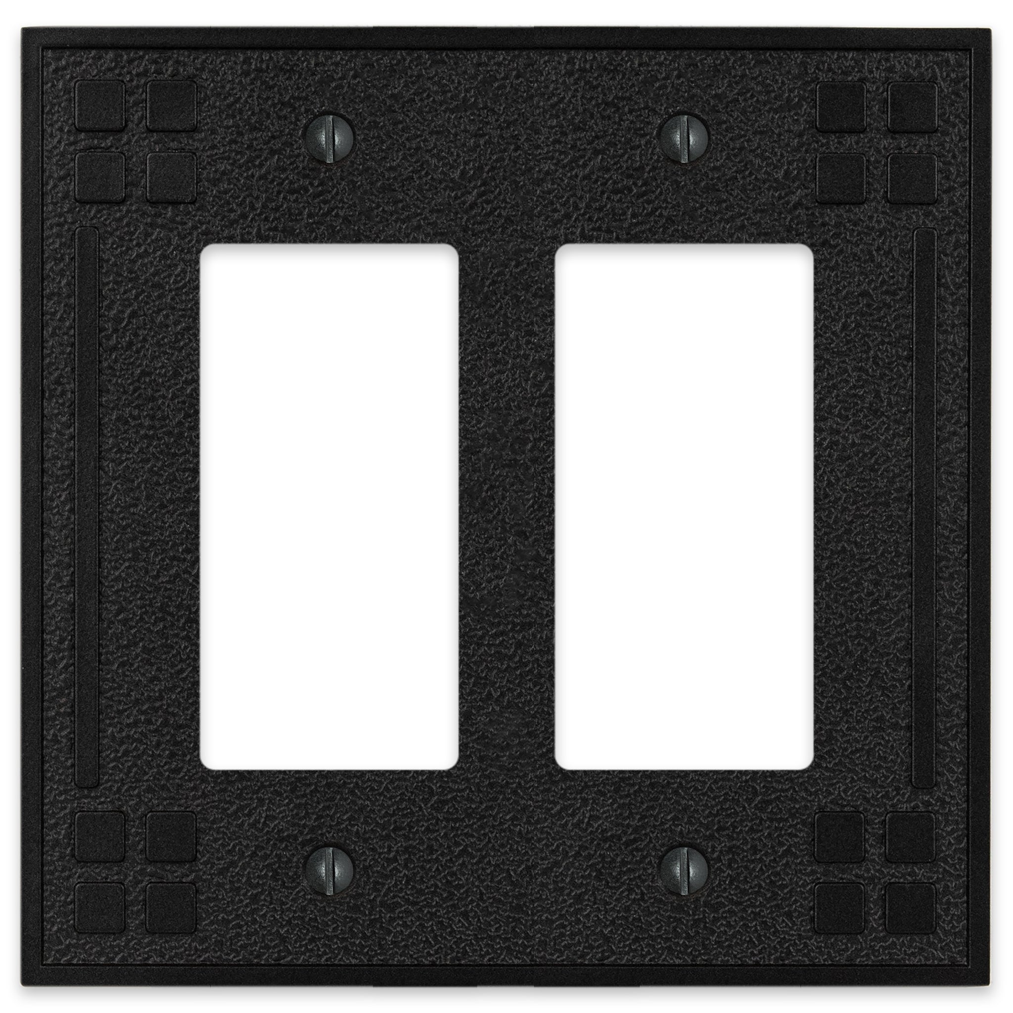 Wittick-style black iron double dimmer wallplate with a rugged, hammered texture and a matte black finish for a rustic, industrial look.
