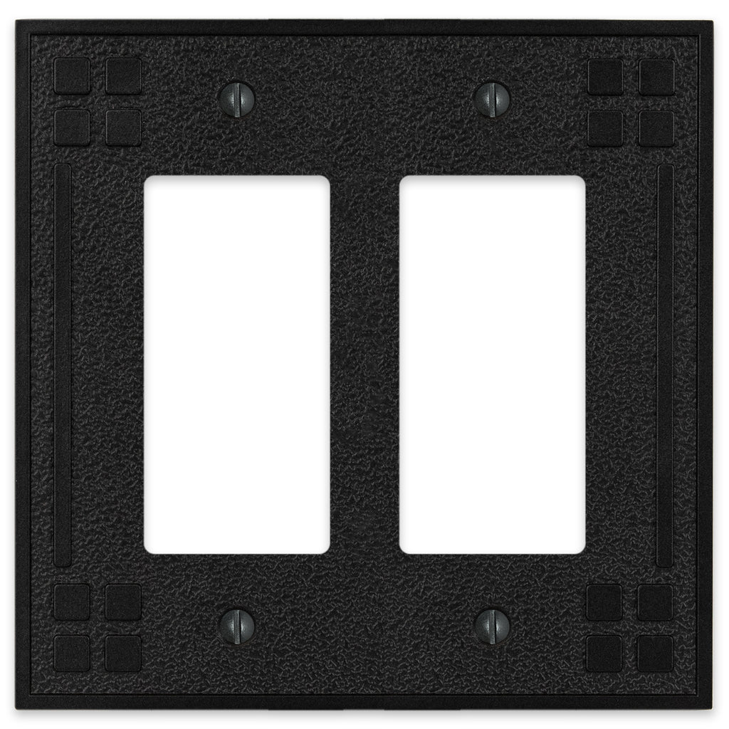 Wittick-style black iron double dimmer wallplate with a rugged, hammered texture and a matte black finish for a rustic, industrial look.