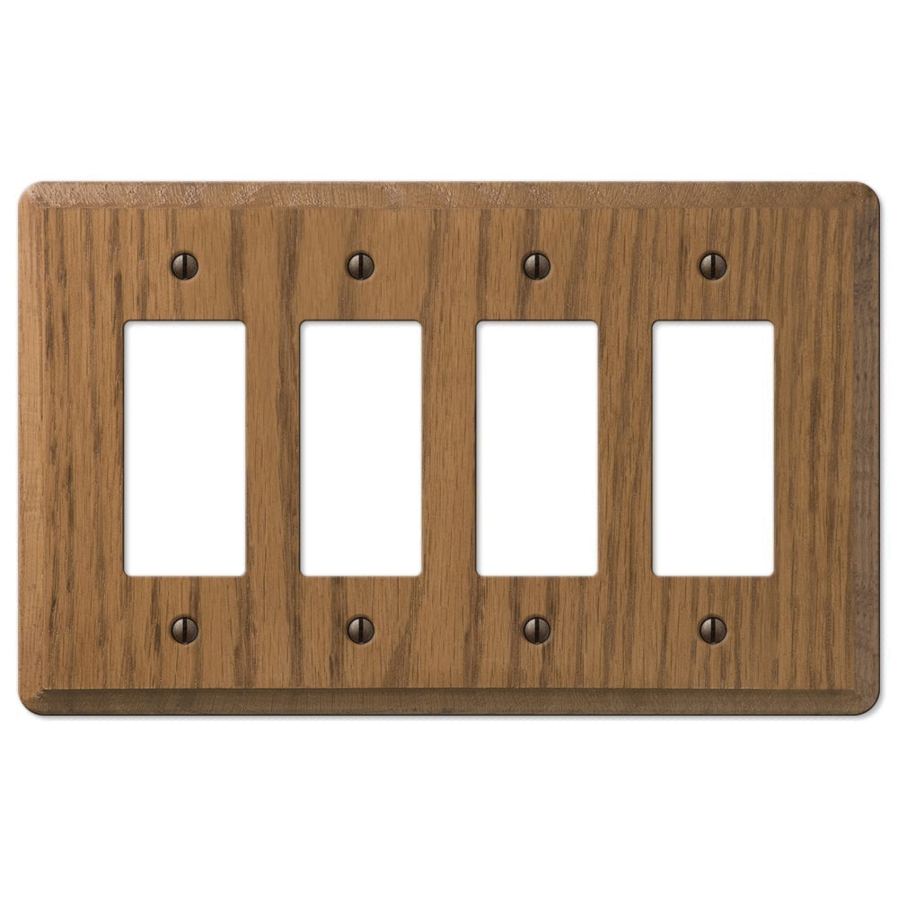 medium oak quadruple dimmer wallplate featuring a rich, natural wood grain finish in a warm, medium-brown tone. The smooth surface and distinct texture bring a sense of warmth and sophistication, making it a versatile choice for both traditional and rustic interiors