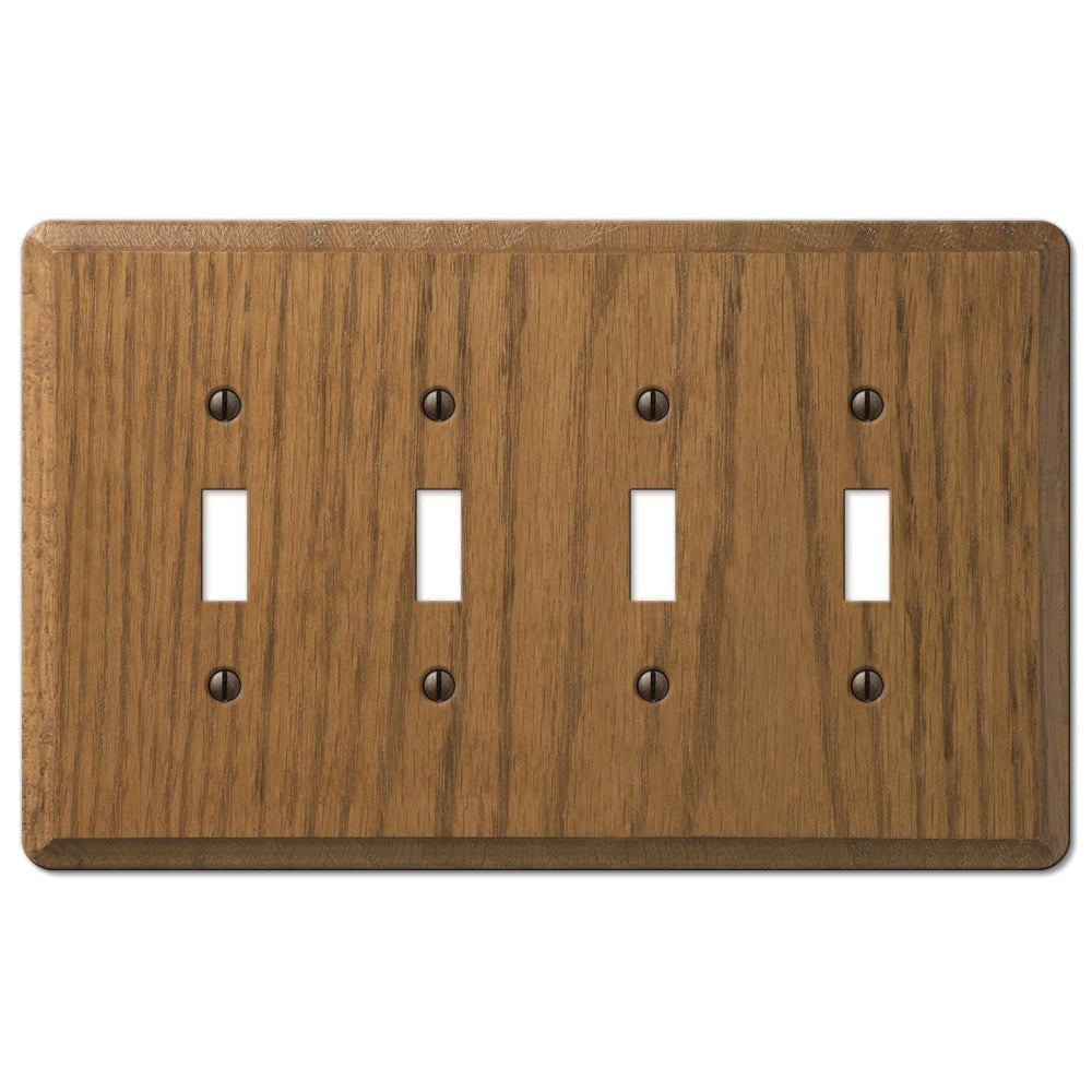 medium oak quadruple light switch wallplate featuring a rich, natural wood grain finish in a warm, medium-brown tone. The smooth surface and distinct texture bring a sense of warmth and sophistication, making it a versatile choice for both traditional and rustic interiors