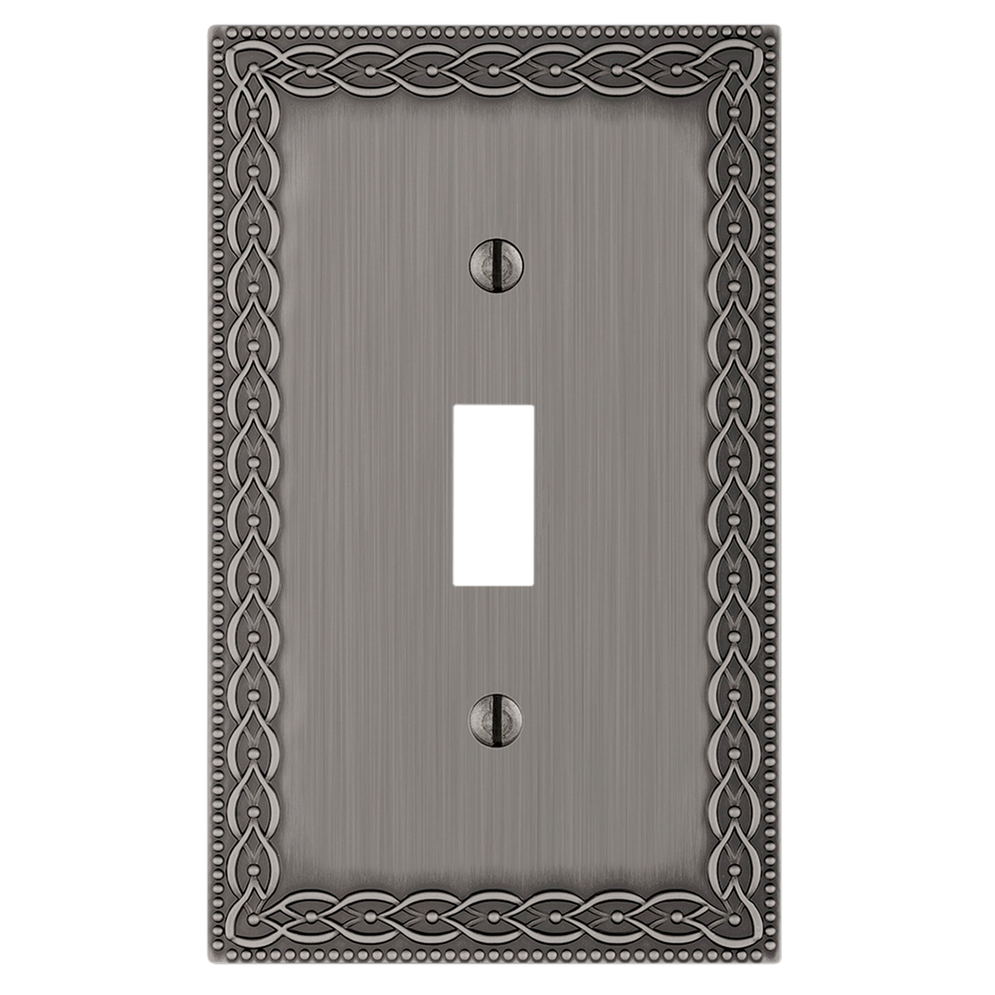 Antique nickel light switch covers featuring a brushed metallic finish with a vintage, decorative design, adding an elegant, timeless touch to the space.