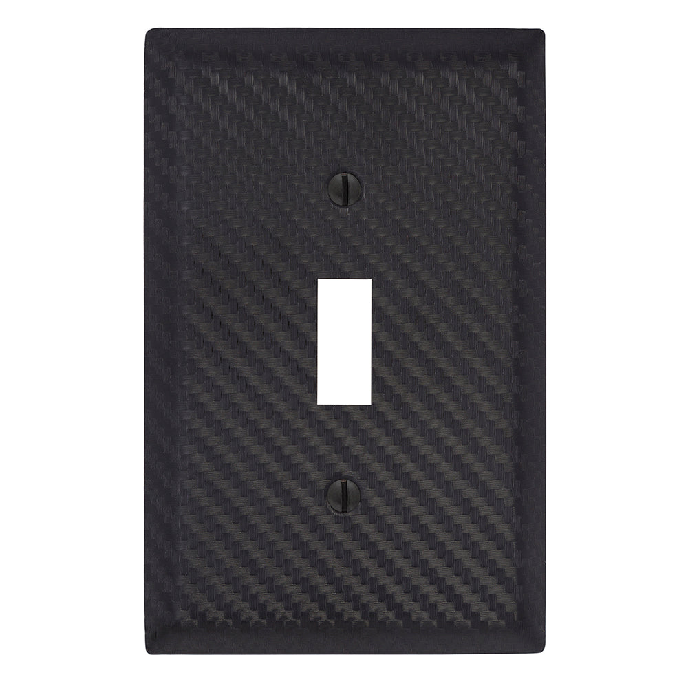 Black light switch cover made of carbon fiber with a sleek, textured weave pattern and a glossy finish, adding a modern and durable touch to any interior space