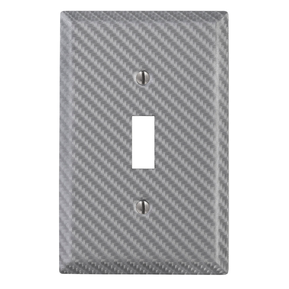 silver light switch cover made of carbon fiber with a sleek, textured weave pattern and a glossy finish, adding a modern and durable touch to any interior space