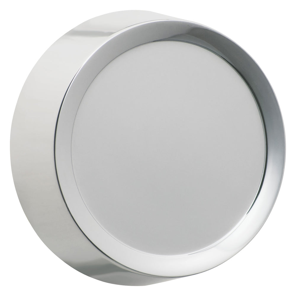 Close-up view of a polished chrome dimmer knob with a sleek, shiny finish. The knob features a smooth, reflective surface that catches the light, giving it a classic and sophisticated look.