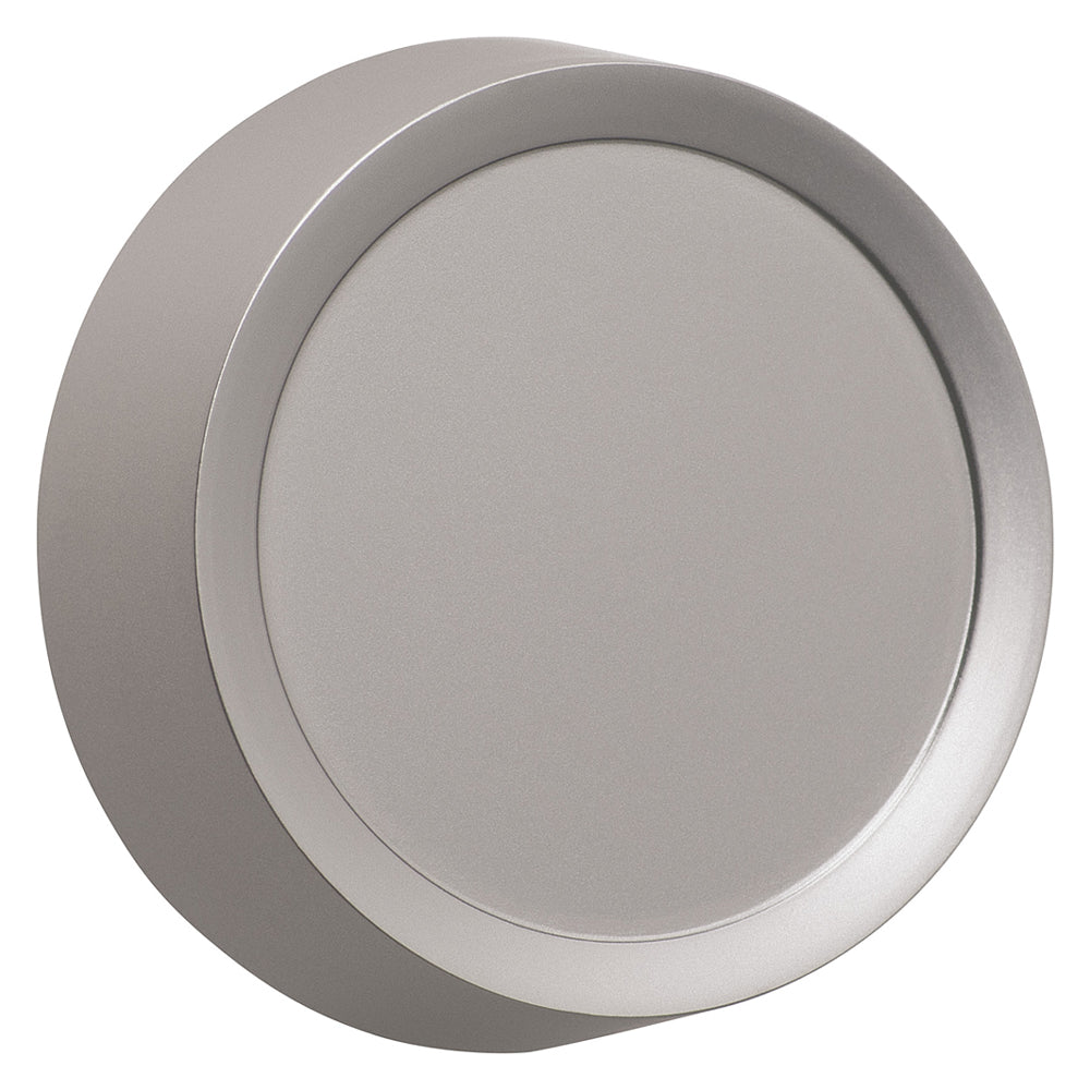 Close-up view of a satin nickel dimmer knob with a soft, brushed finish. The knob features a smooth, muted surface that subtly reflects light, offering a sleek and modern appearance.