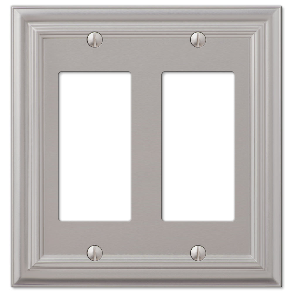 satin nickel double dimmer wallplate featuring a sleek, smooth finish with a soft, silvery-gray tone. The subtle sheen and refined texture add a modern, understated elegance, making it a versatile choice for contemporary and transitional decor styles