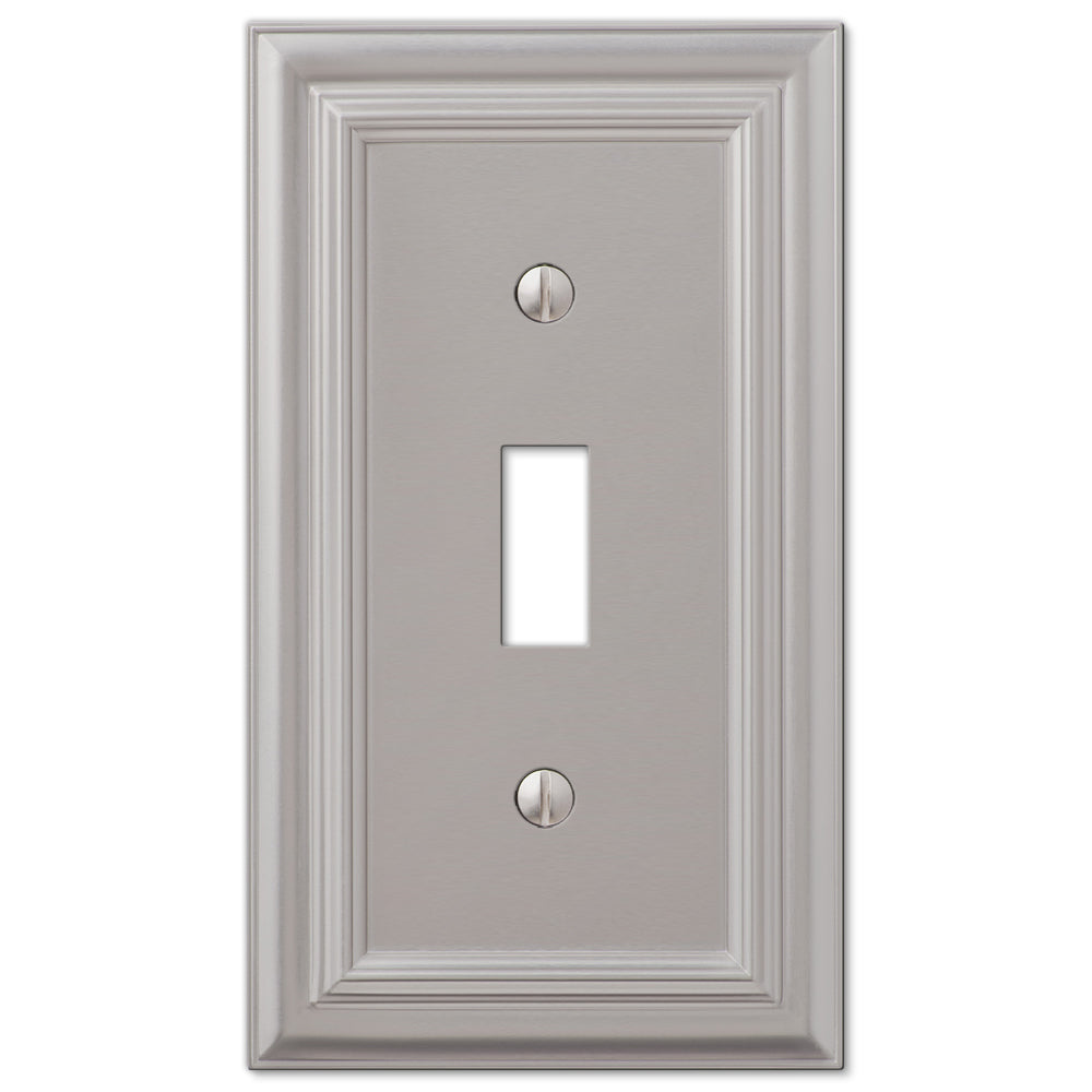 satin nickel light switch wallplate featuring a sleek, smooth finish with a soft, silvery-gray tone. The subtle sheen and refined texture add a modern, understated elegance, making it a versatile choice for contemporary and transitional decor styles