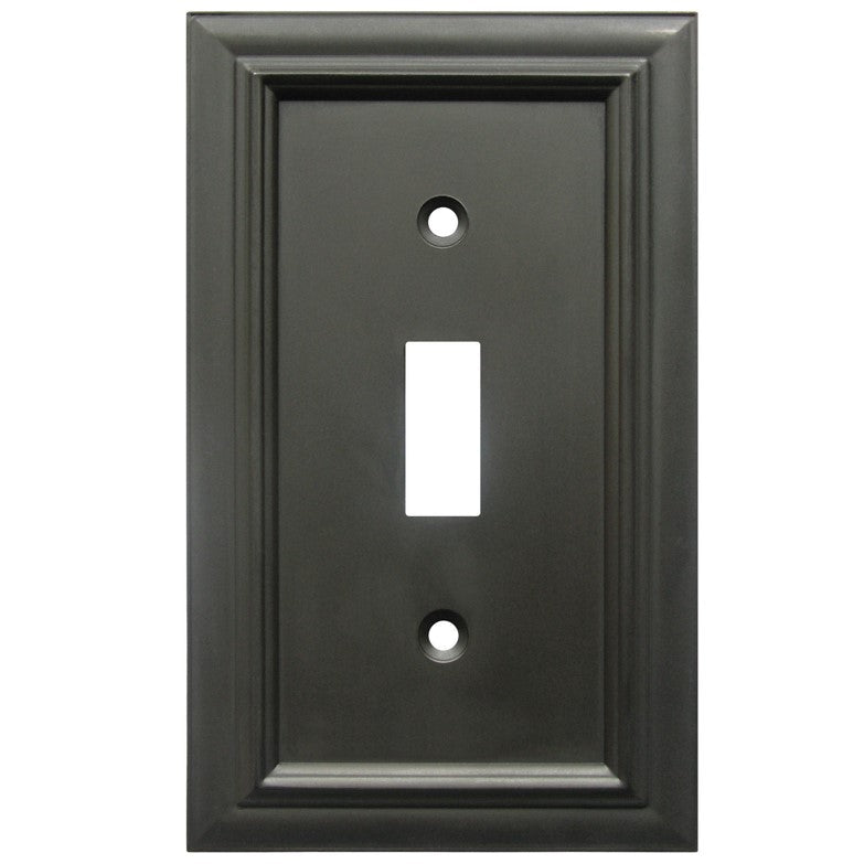 oil-rubbed bronze light switch wallplate featuring a deep, dark finish with rich dark undertones and a slightly weathered look. The smooth surface and subtle variations in tone provide a rustic yet elegant touch, ideal for traditional, vintage, or industrial-style spaces