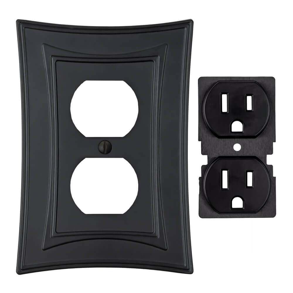 Moderne Biba outlet wallplate featuring a unique, art deco-inspired design with sleek lines and a stylish finish, and black socket protector.
