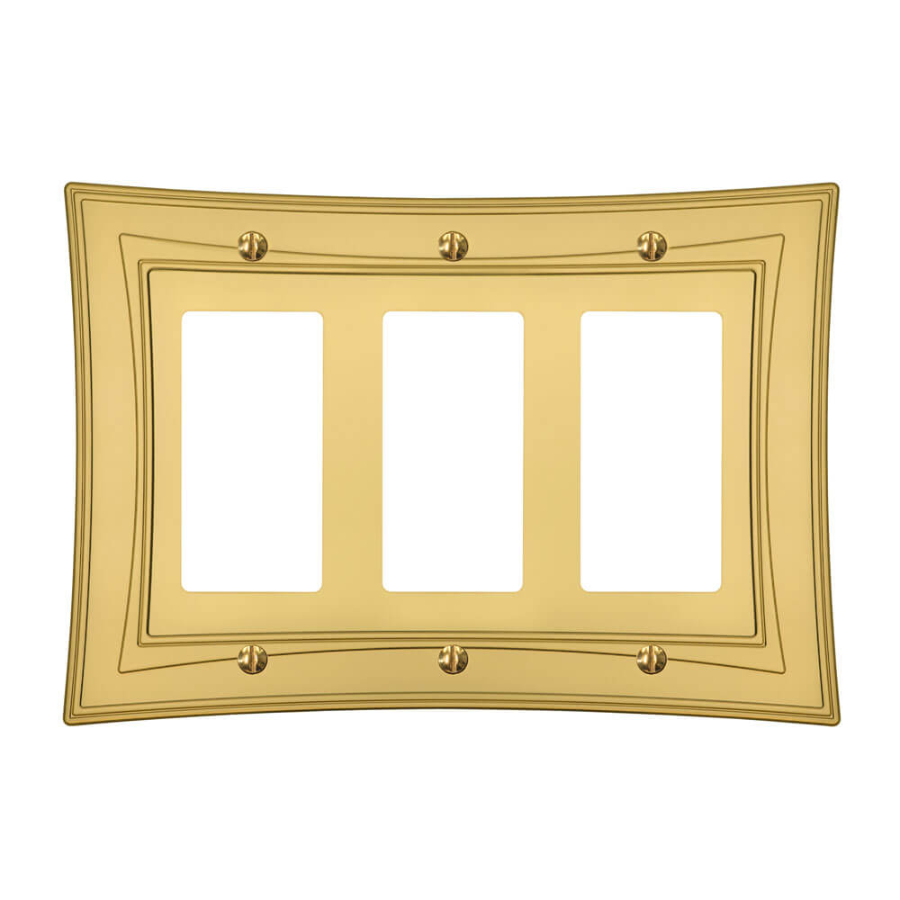 Moderne Biba satin gold triple dimmer wallplate with a unique, art deco-inspired design, featuring sleek lines and a luxurious finish.