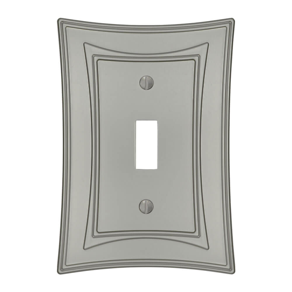 Moderne Biba satin nickel light switch cover with a unique, art deco-inspired design, featuring sleek lines and a luxurious finish.