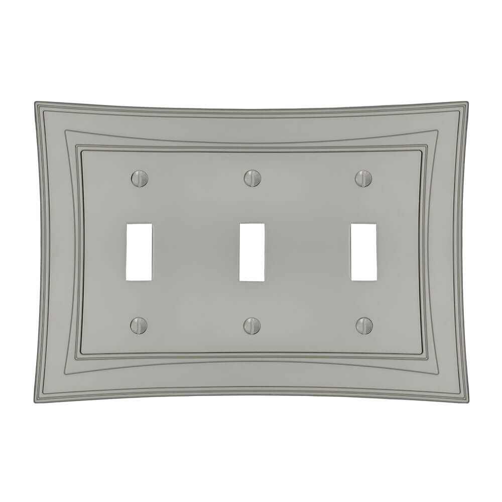 Moderne Biba satin nickel triple light switch cover with a unique, art deco-inspired design, featuring sleek lines and a luxurious finish.