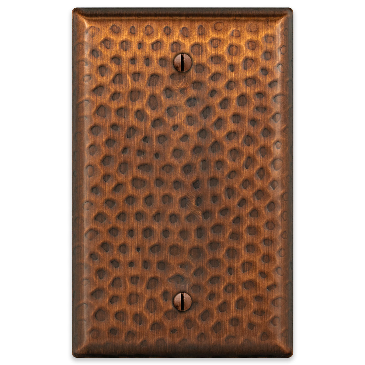 A hammered aged copper outlet protector wallplate featuring a textured surface with a warm, rustic copper finish, adding character and artisanal charm to traditional or farmhouse-style spaces.