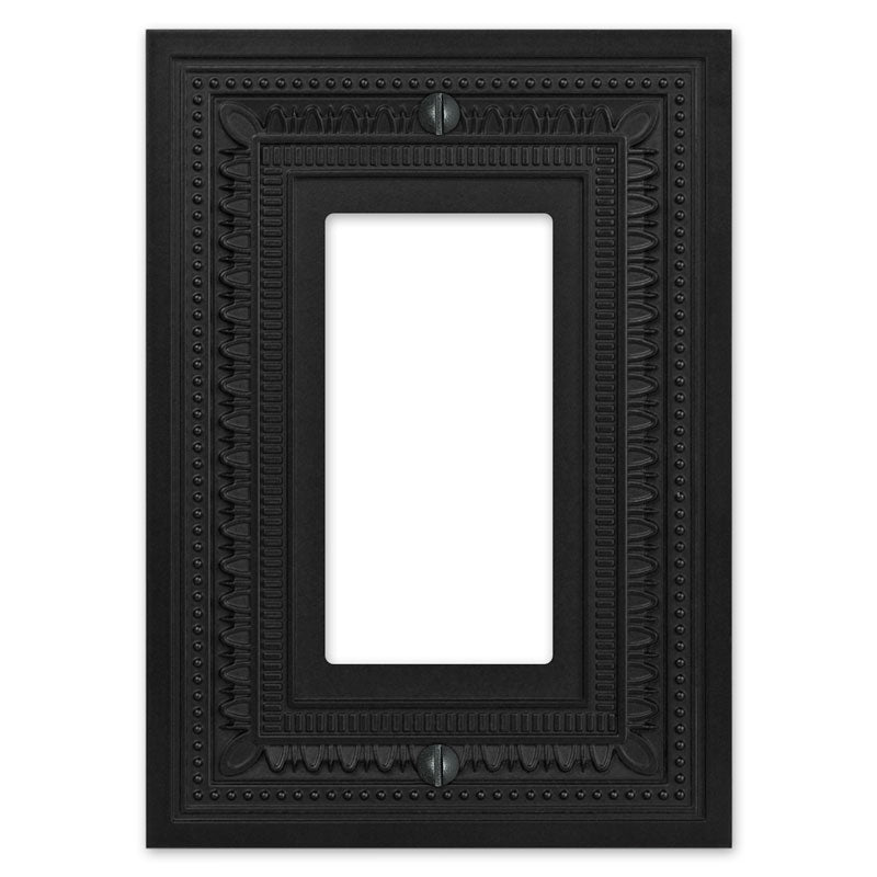 Filigree border matte black dimmer wallplate with an intricate border design and a sleek, modern black finish, offering a sophisticated and timeless accent to any room.