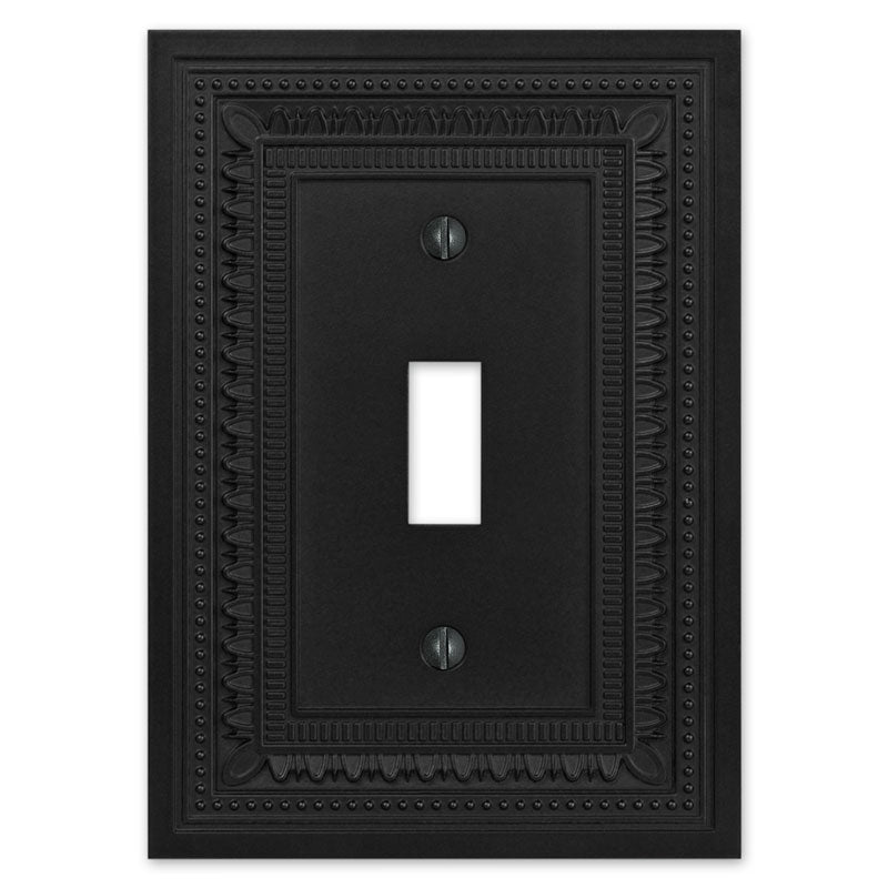 Filigree border matte black light switch cover with an intricate border design and a sleek, modern black finish, offering a sophisticated and timeless accent to any room.