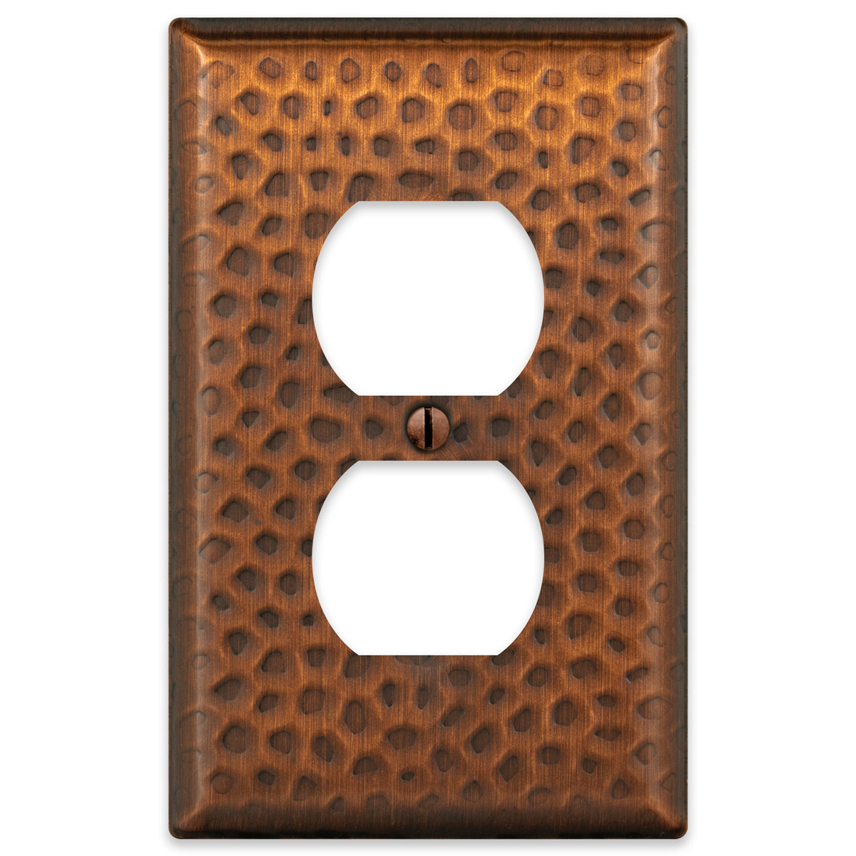 A hammered aged copper outlet wallplate featuring a textured surface with a warm, rustic copper finish, adding character and artisanal charm to traditional or farmhouse-style spaces.