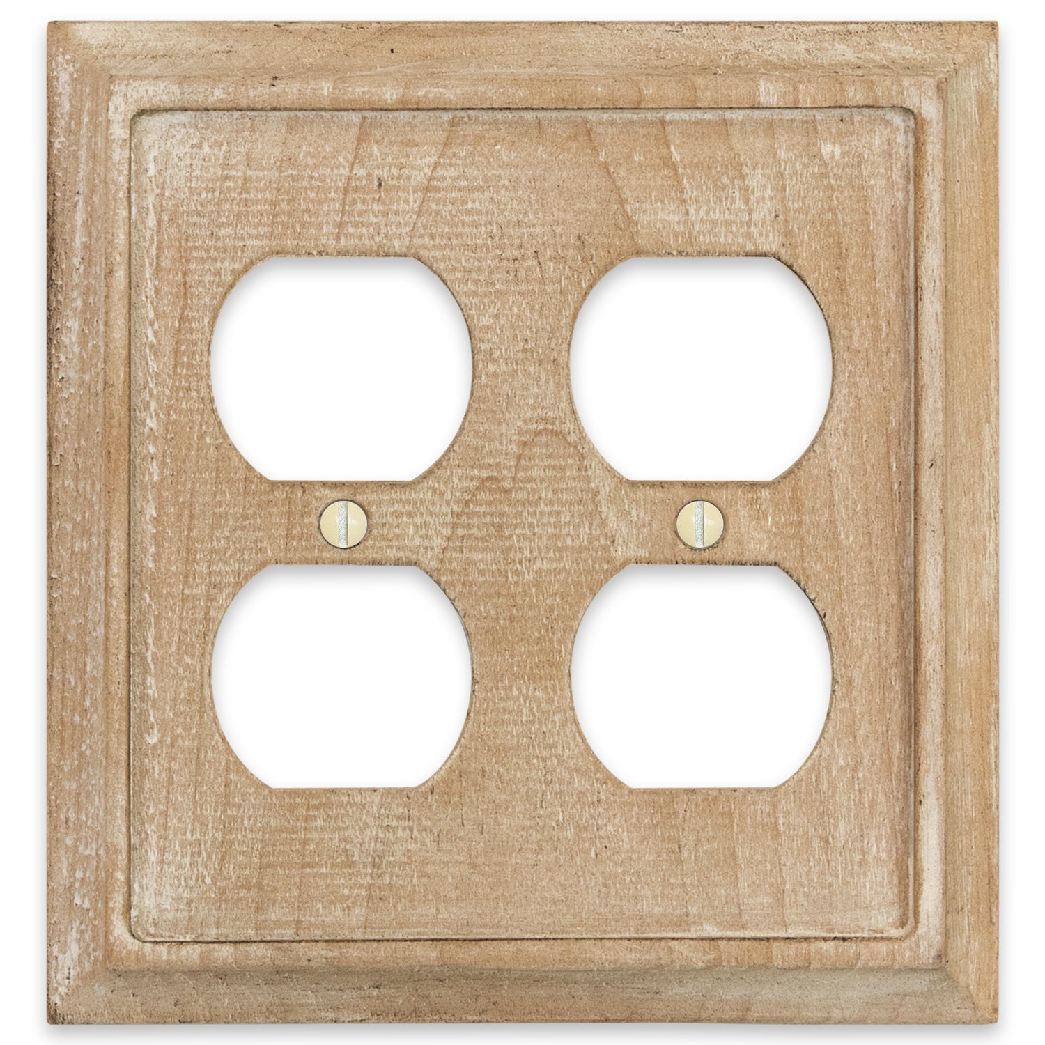 Weathered white double outlet wallplate with a rustic, distressed finish. The cover has a vintage, aged look with subtle texture variations in white and light gray tones, adding character and charm to farmhouse or shabby-chic decor styles.