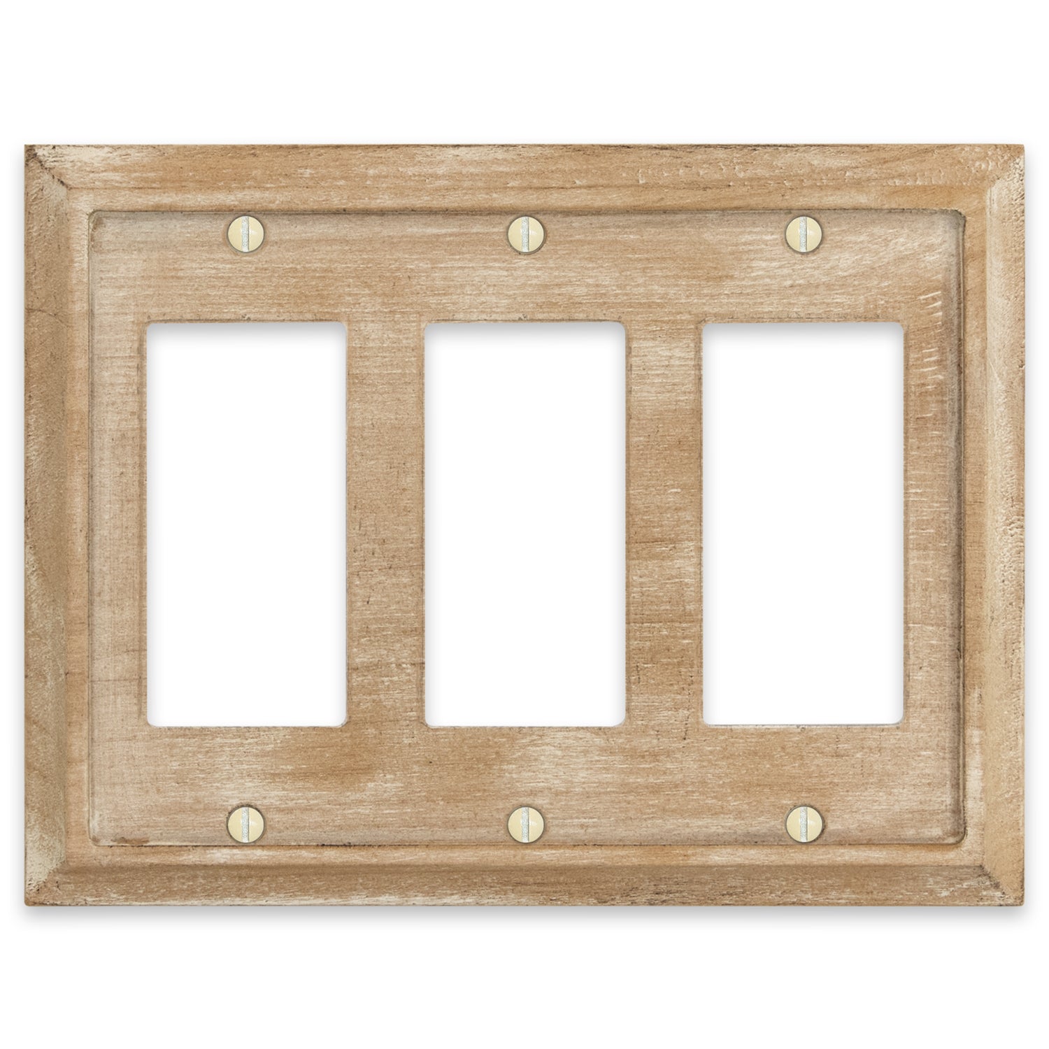 Weathered white triple dimmer wallplate with a rustic, distressed finish. The cover has a vintage, aged look with subtle texture variations in white and light gray tones, adding character and charm to farmhouse or shabby-chic decor styles.