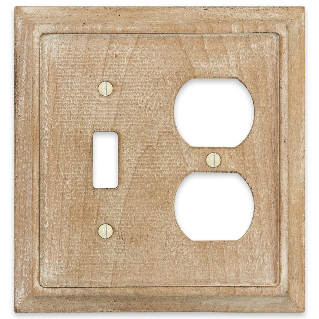 Weathered white light switch and outlet wallplate with a rustic, distressed finish. The cover has a vintage, aged look with subtle texture variations in white and light gray tones, adding character and charm to farmhouse or shabby-chic decor styles.