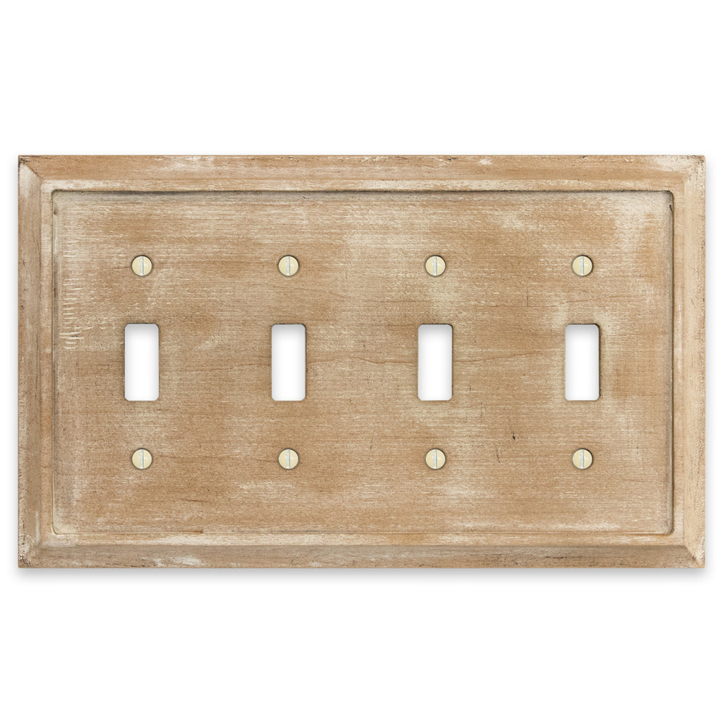Weathered white quadruple light switch cover with a rustic, distressed finish. The cover has a vintage, aged look with subtle texture variations in white and light gray tones, adding character and charm to farmhouse or shabby-chic decor styles.