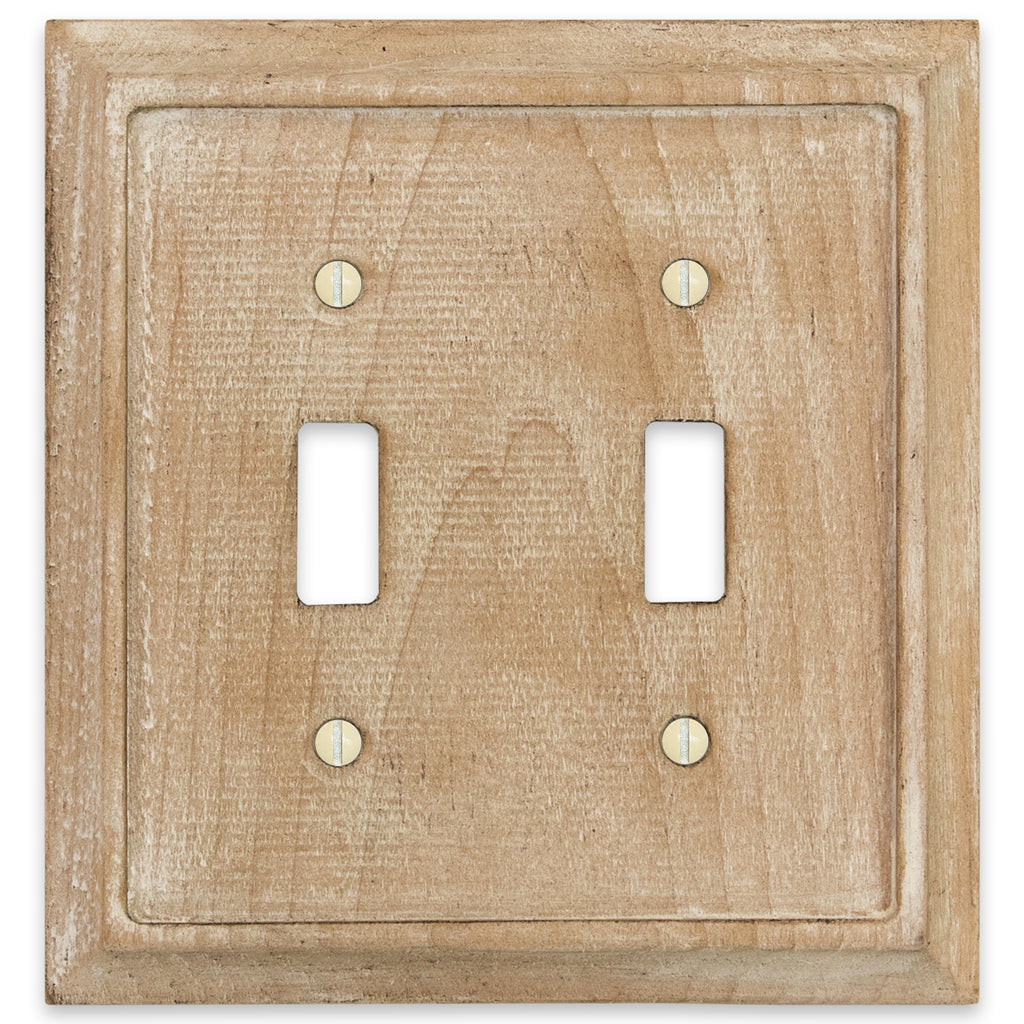 Weathered white double light switch cover with a rustic, distressed finish. The cover has a vintage, aged look with subtle texture variations in white and light gray tones, adding character and charm to farmhouse or shabby-chic decor styles.
