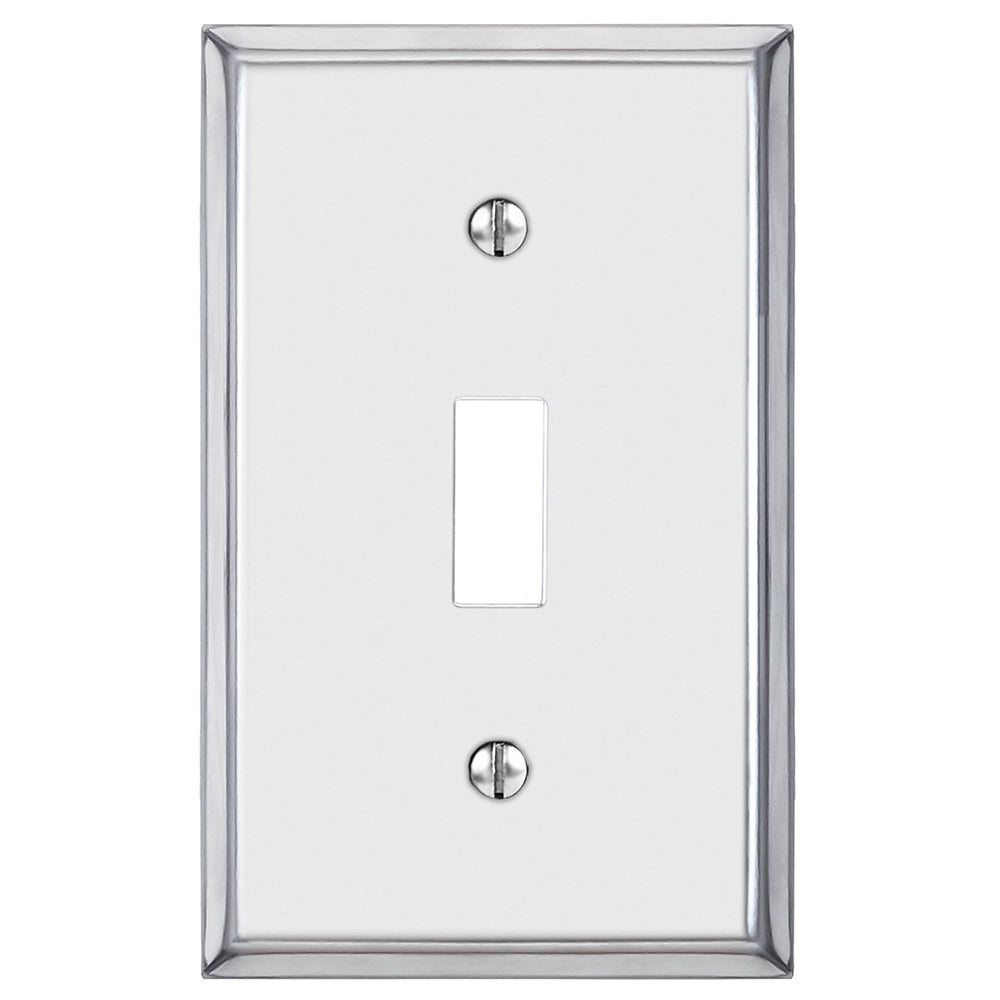 A polished chrome light switch cover with a smooth, glossy finish. The cover features a highly reflective surface, giving it a modern, sleek appearance.