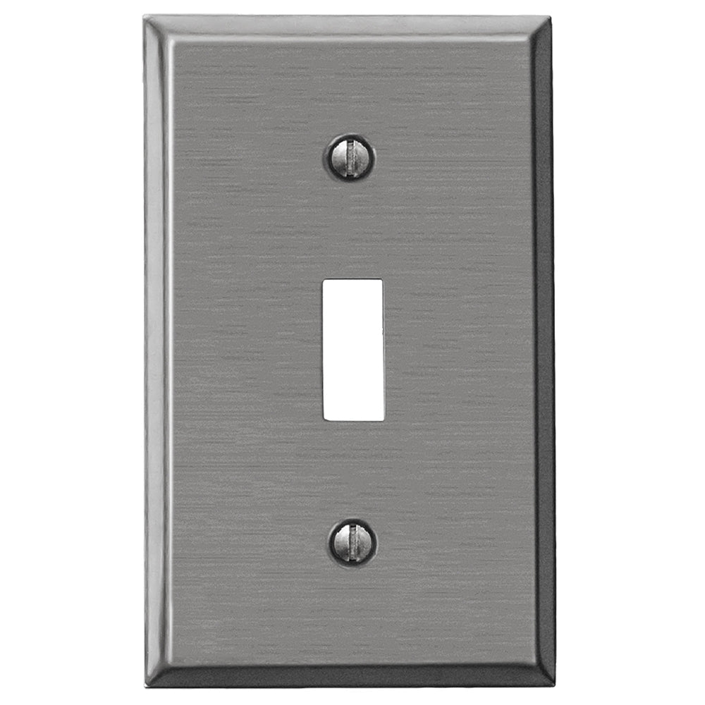 A brushed nickel light switch cover with a sleek, matte finish. The cover features a subtle brushed texture, adding a sophisticated, vintage touch.