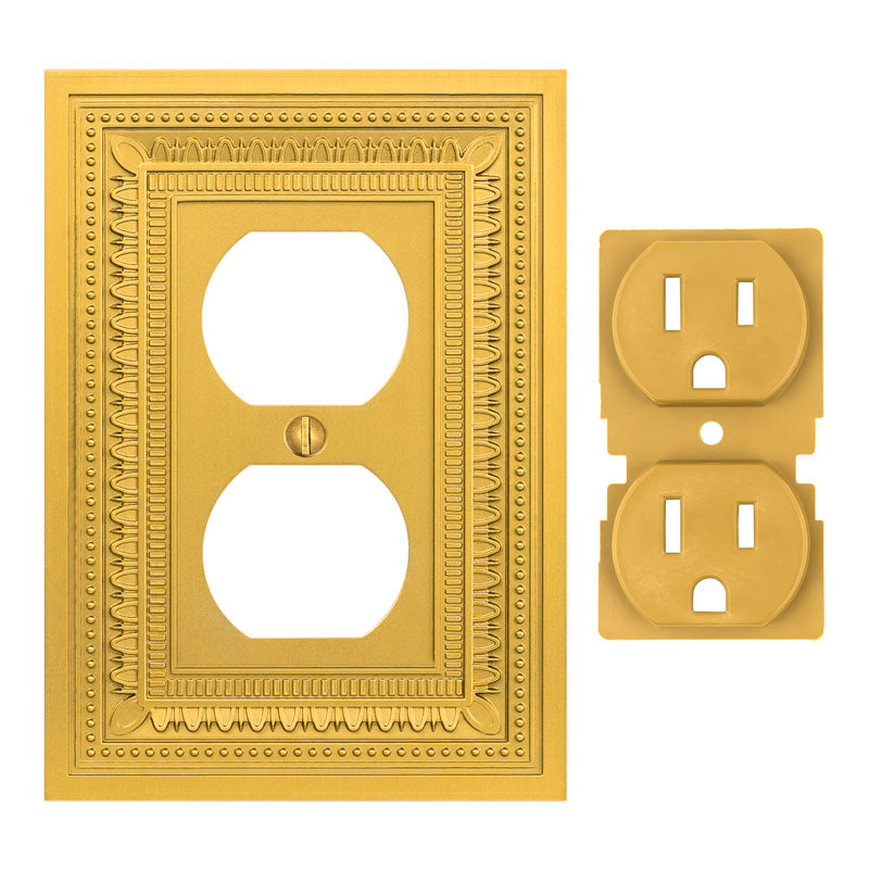 Filigree border satin gold outlet wallplate with a detailed, ornate border design and a soft satin gold finish, bringing a touch of sophistication and classic elegance to any room.