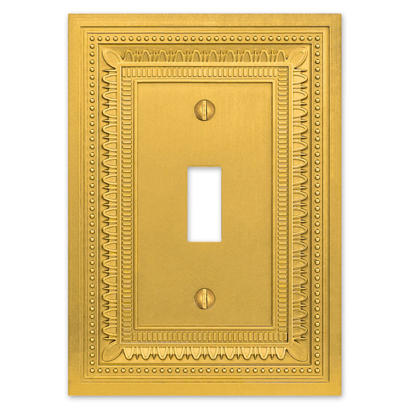 Filigree border satin gold light switch cover with a detailed, ornate border design and a soft satin gold finish, bringing a touch of sophistication and classic elegance to any room.