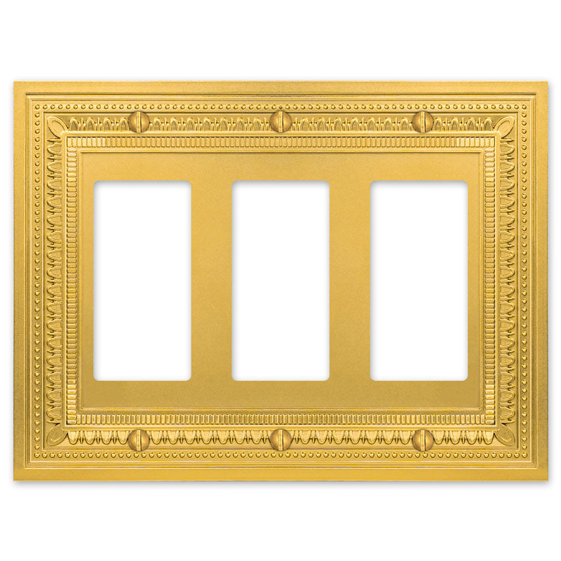 Filigree border satin gold triple dimmer wallplate with a detailed, ornate border design and a soft satin gold finish, bringing a touch of sophistication and classic elegance to any room.