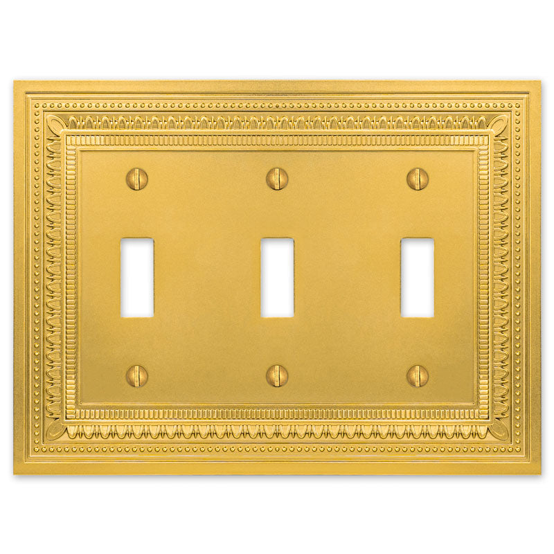 Filigree border satin gold triple light switch cover with a detailed, ornate border design and a soft satin gold finish, bringing a touch of sophistication and classic elegance to any room.