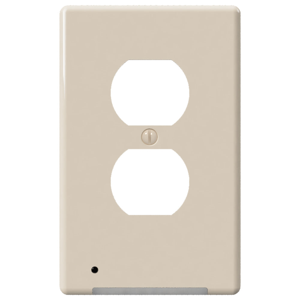 Almond LumiCover outlet wallplate with automatic low-light activation and a front-facing floodlight for power outages, featuring a self-charging rechargeable battery for reliable illumination.