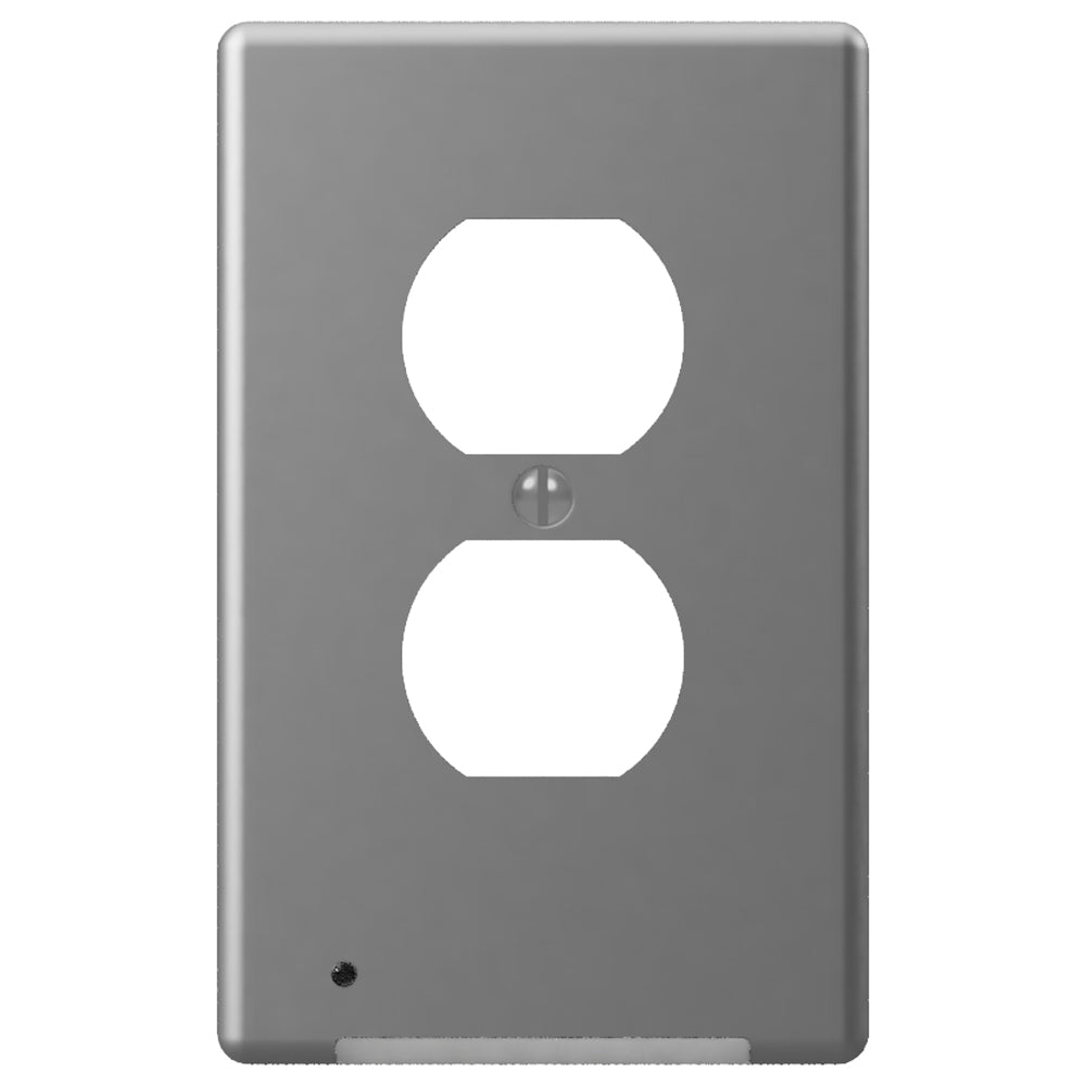 Satin Nickel LumiCover outlet wallplate with automatic low-light activation and a front-facing floodlight for power outages, featuring a self-charging rechargeable battery for reliable illumination.