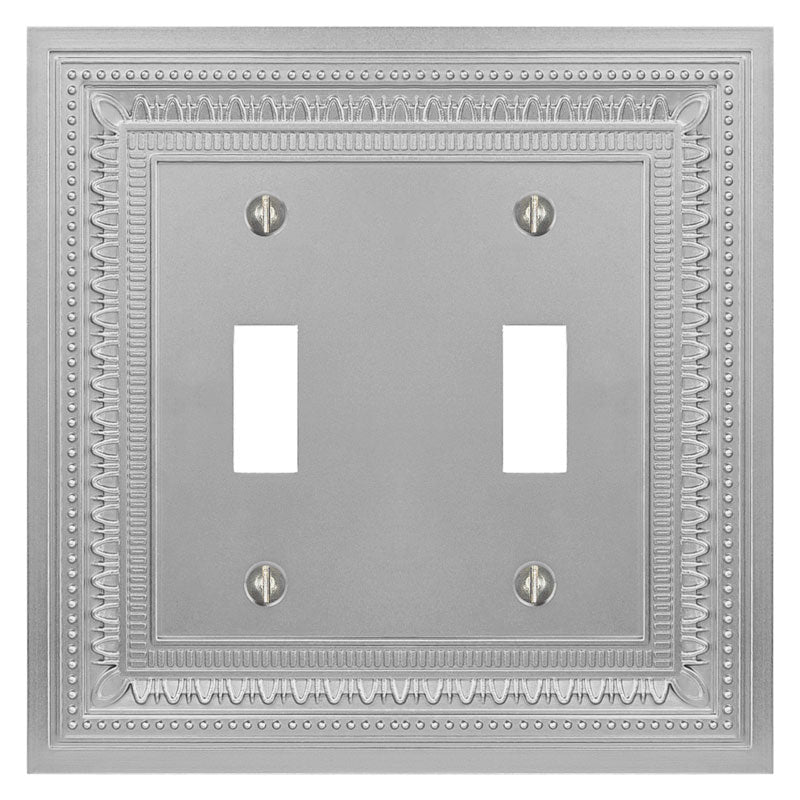 Filigree border satin nickel double light switch cover featuring an intricate border design and a sleek satin nickel finish, offering a refined and modern touch of elegance to any space.