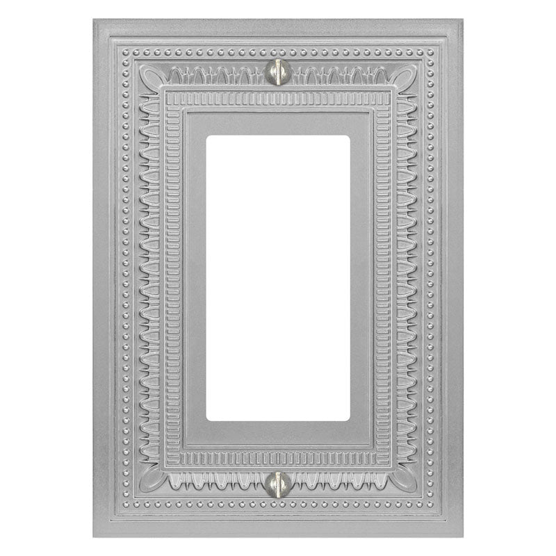 Filigree border satin nickel dimmer wallplate featuring an intricate border design and a sleek satin nickel finish, offering a refined and modern touch of elegance to any space.