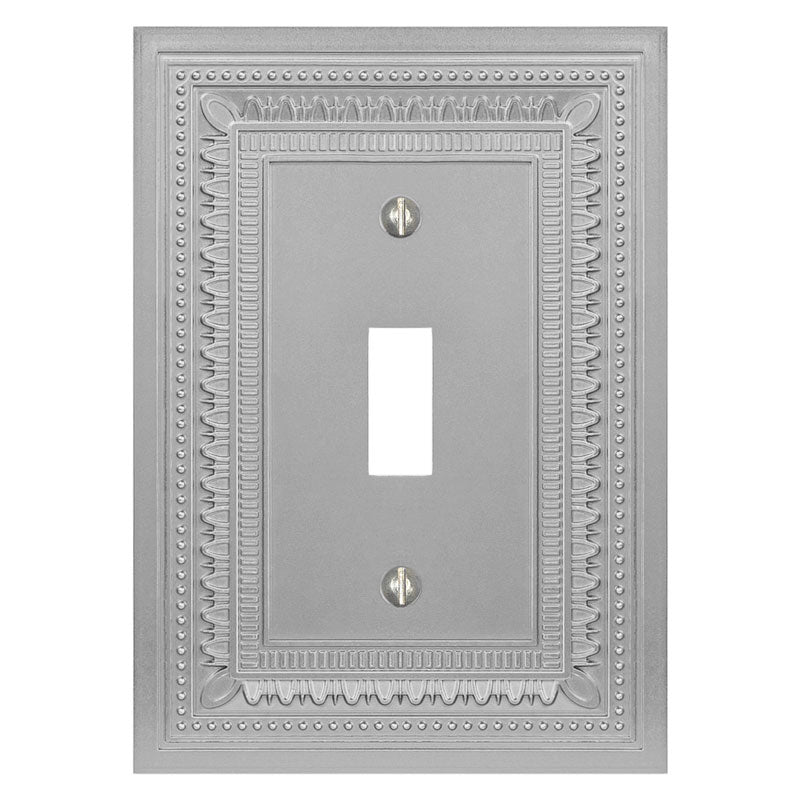 Filigree border satin nickel light switch cover featuring an intricate border design and a sleek satin nickel finish, offering a refined and modern touch of elegance to any space.