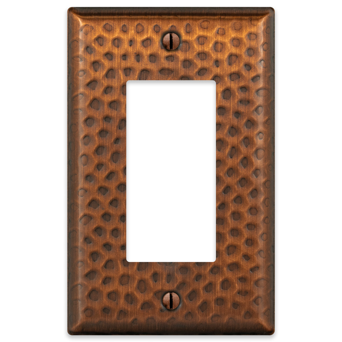 A hammered aged copper dimmer wallplate featuring a textured surface with a warm, rustic copper finish, adding character and artisanal charm to traditional or farmhouse-style spaces.