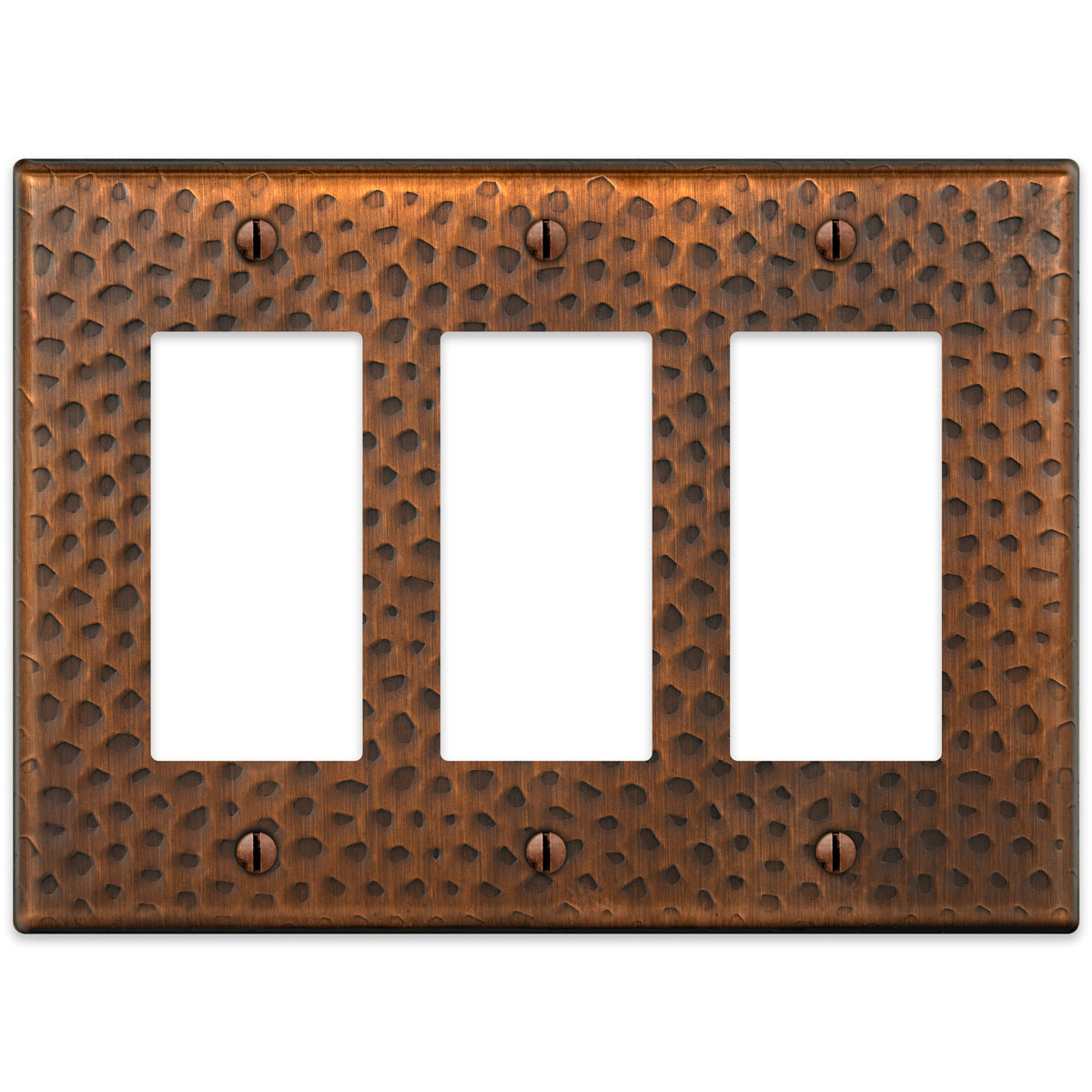 A hammered aged copper triple dimmer wallplate featuring a textured surface with a warm, rustic copper finish, adding character and artisanal charm to traditional or farmhouse-style spaces.