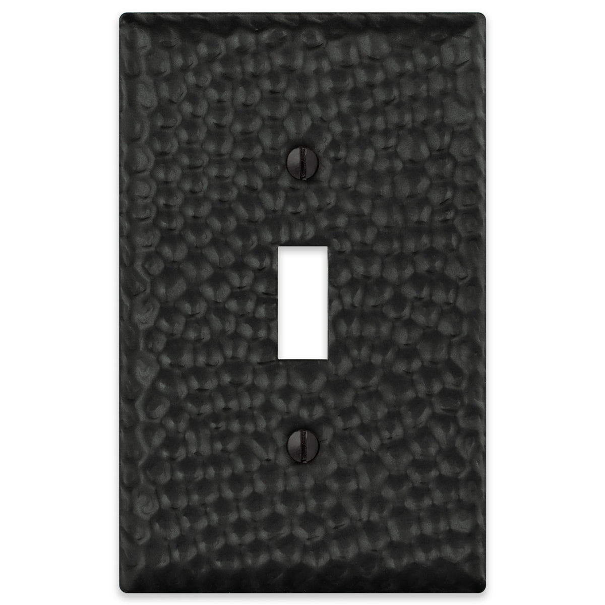 A hammered matte black light switch cover with a textured finish and bold, modern appeal, perfect for adding depth and sophistication to industrial or contemporary interiors.