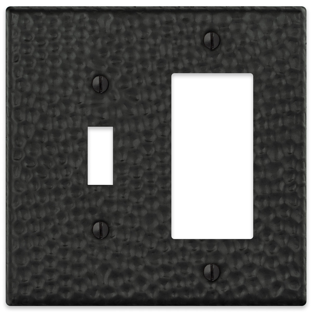 A hammered matte black light switch and dimmer wallplate with a textured finish and bold, modern appeal, perfect for adding depth and sophistication to industrial or contemporary interiors.