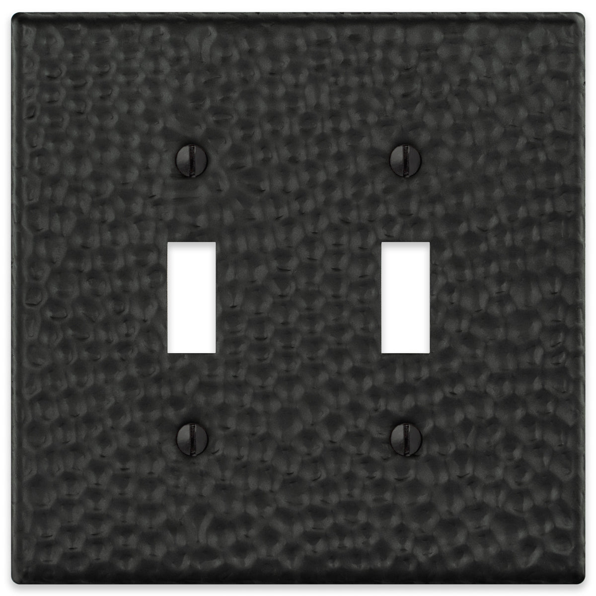 
A hammered matte black double light switch cover with a textured finish and bold, modern appeal, perfect for adding depth and sophistication to industrial or contemporary interiors.