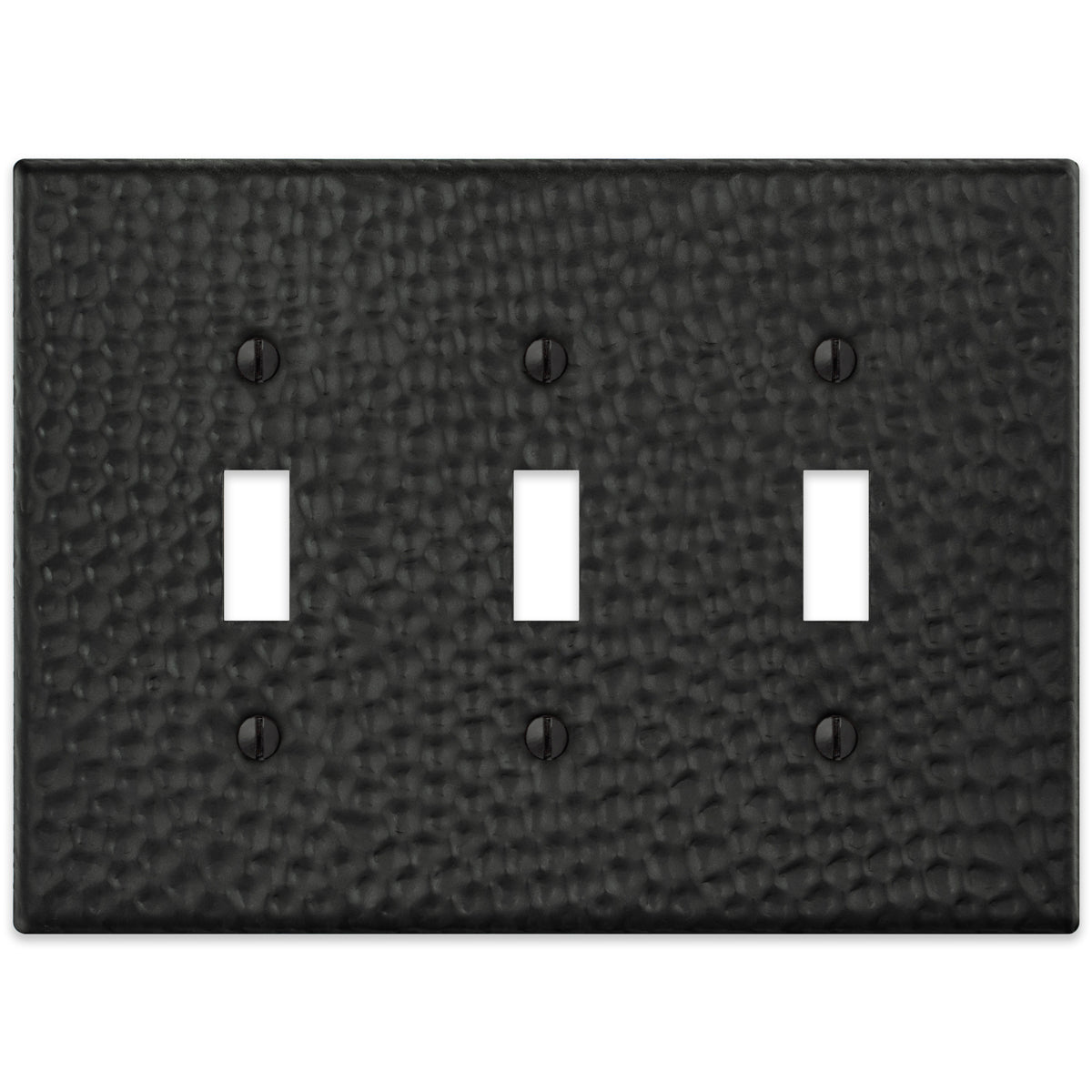 A hammered matte black triple light switch cover with a textured finish and bold, modern appeal, perfect for adding depth and sophistication to industrial or contemporary interiors.