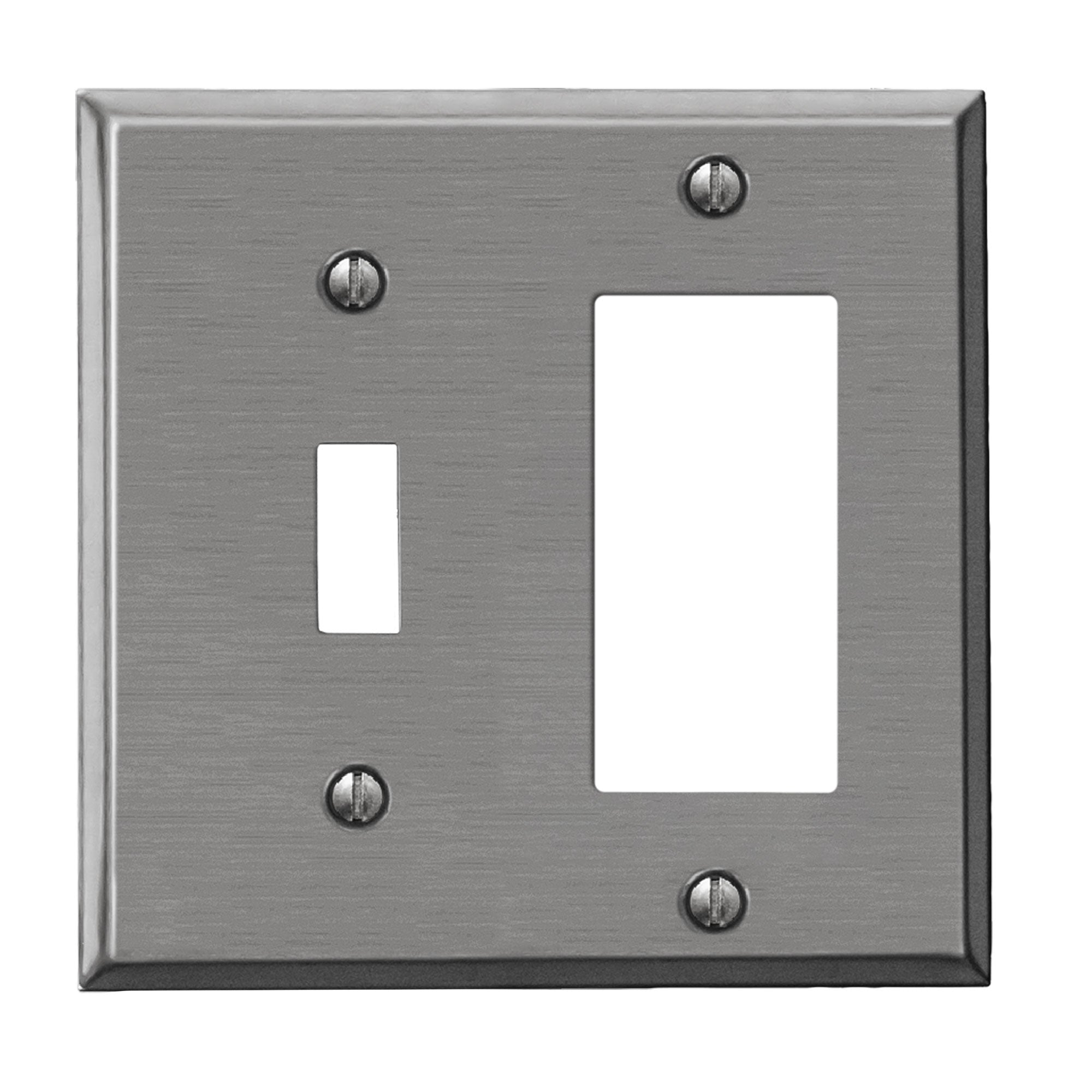 A brushed nickel outlet wallplate with a sleek, matte finish. The cover features a subtle brushed texture, adding a sophisticated, vintage touch.