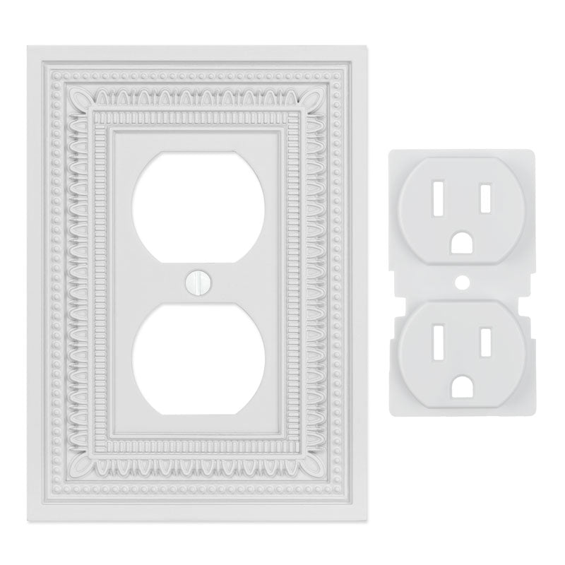 Filigree border matte white outlet wallplate with an intricate border design and a sleek, modern white finish, offering a sophisticated and timeless accent to any room.