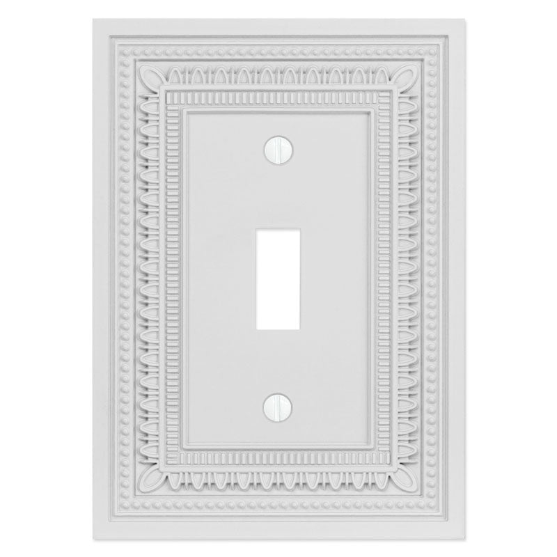 Filigree border matte white light switch cover with an intricate border design and a sleek, modern white finish, offering a sophisticated and timeless accent to any room.