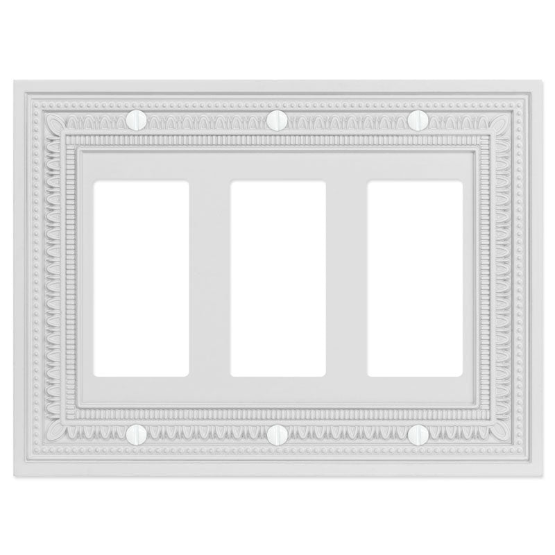 Filigree border matte white triple dimmer wallplate with an intricate border design and a sleek, modern white finish, offering a sophisticated and timeless accent to any room.