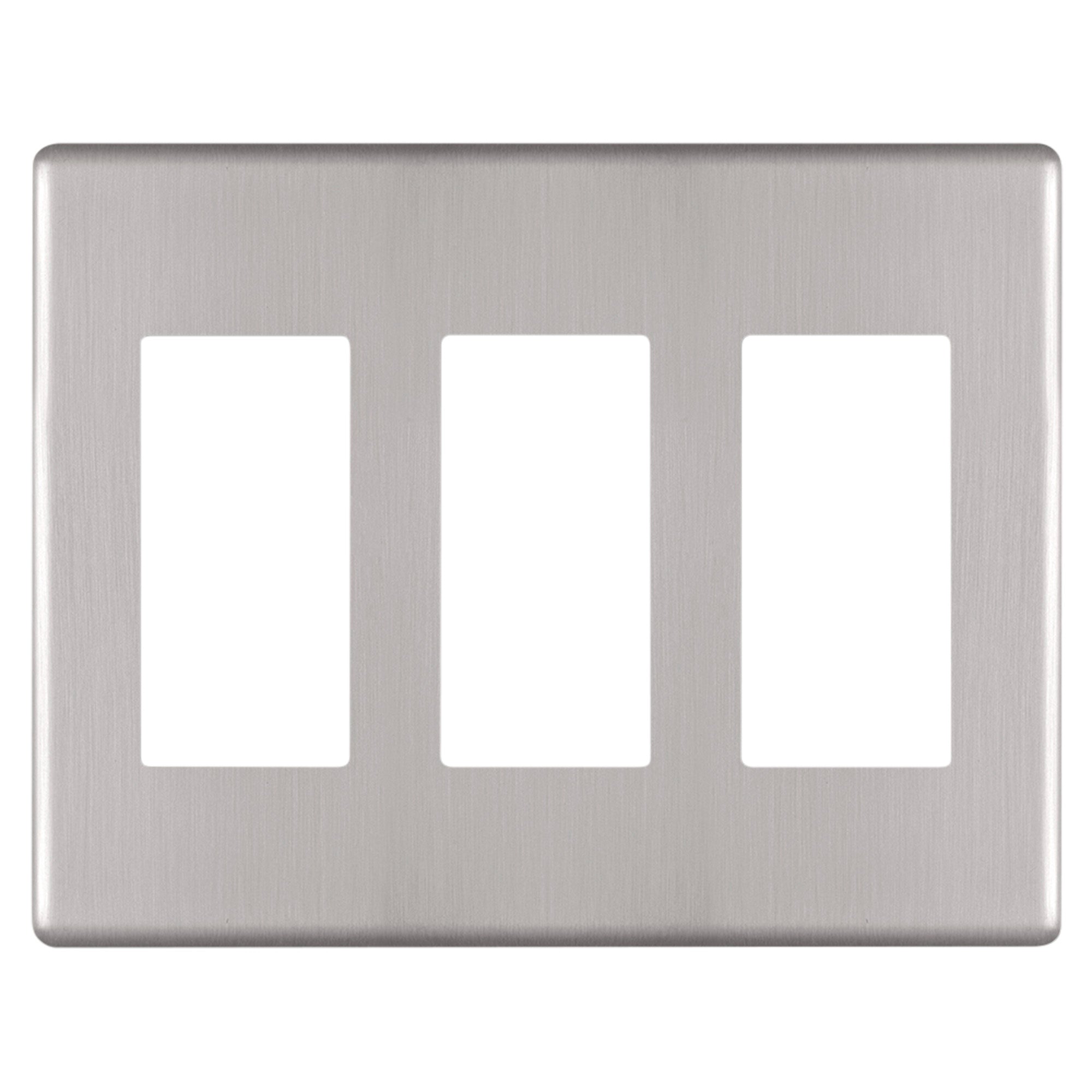 Siena Screwless Triple Dimmer Wallplate in Brushed Nickel, featuring a sleek, modern design with a smooth, screwless surface for a clean and sophisticated look that enhances any room's décor.