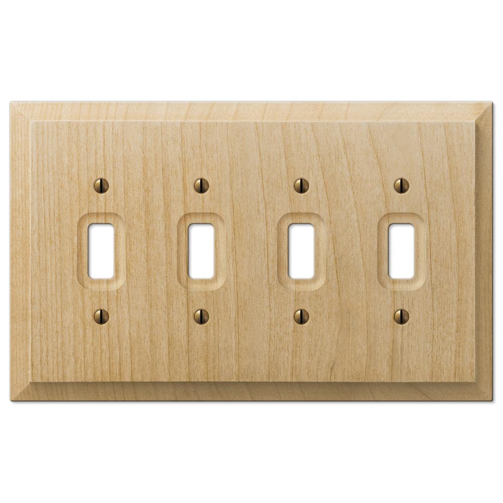 A Baker wooden unfinished quadruple light switch cover with a sleek, smooth surface and a clean, modern design, complementing any room with its subtle style.