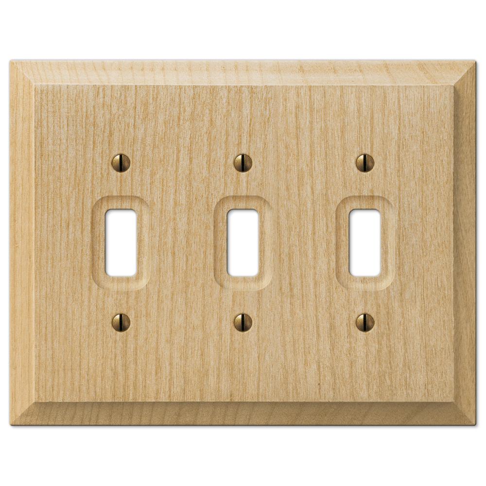 A Baker wooden unfinished triple light switch cover with a sleek, smooth surface and a clean, modern design, complementing any room with its subtle style.